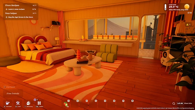 The apartment living area at sunset with the gameplay HUD visible.
