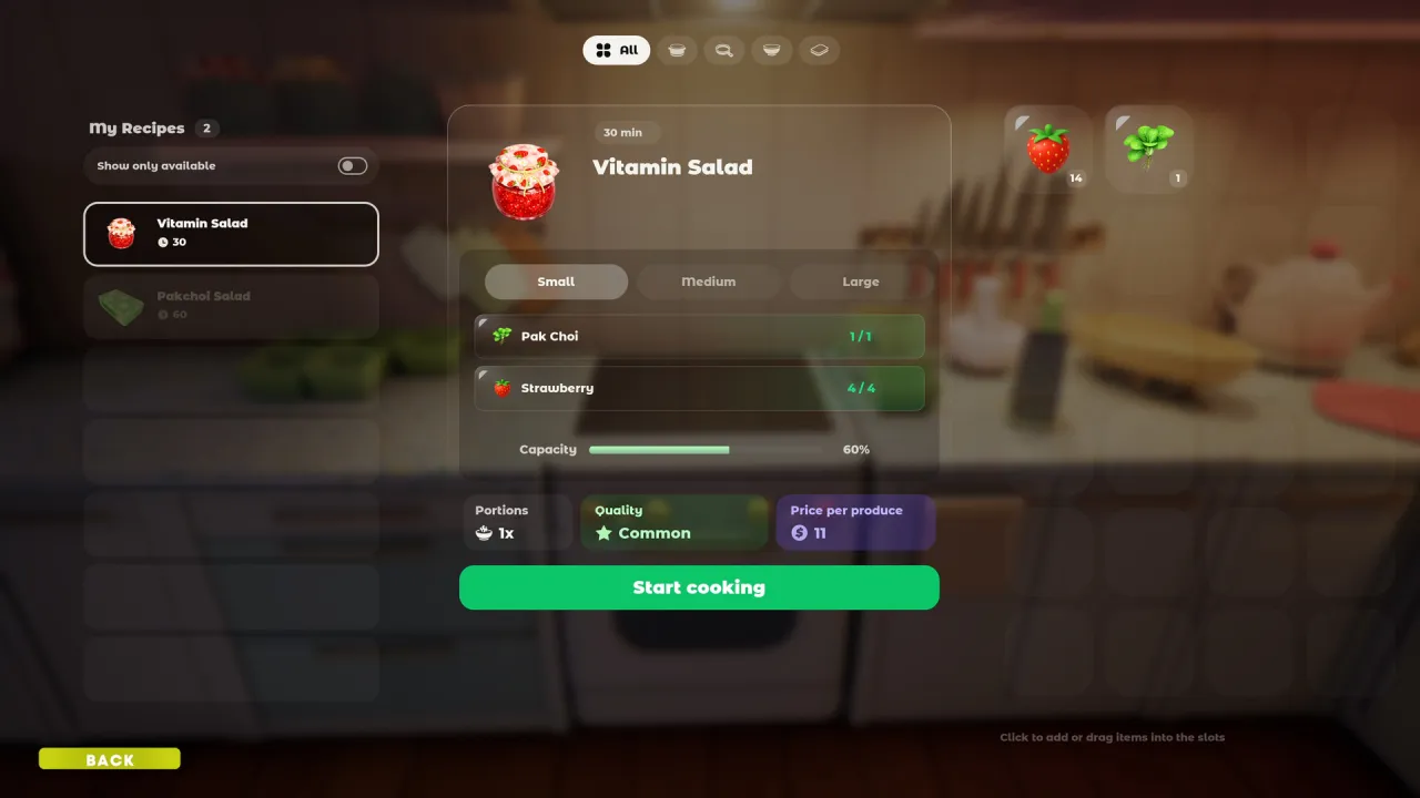 The cooking interface while preparing Vitamin Salad.