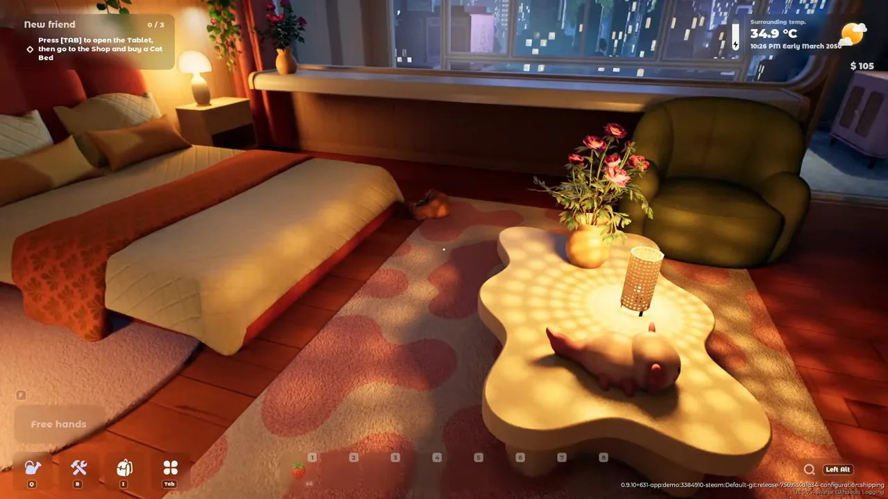 Demo playthrough, 00:21:50: Bimbus is safe in the apartment and the cat-bed objective begins.