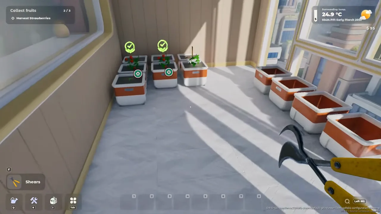 Demo playthrough, 00:14:30: the shears are equipped for the first strawberry harvest.