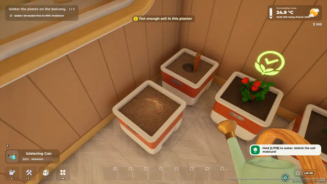 Demo playthrough, 00:11:30: the opening objective asks for strawberry moisture to reach 90%.