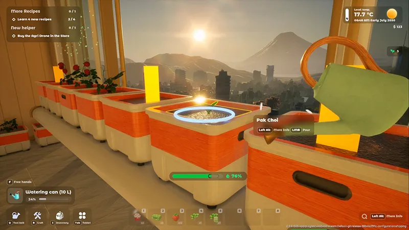 The player works at a row of indoor planters.