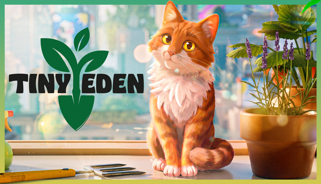 Orange cat lying among plants in Tiny Eden